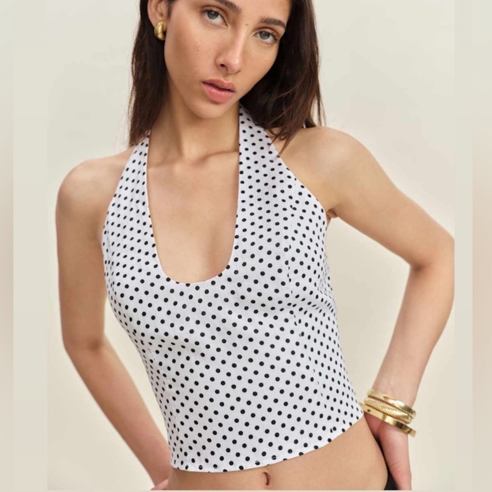 Reformation White and Black Polka Dot Halter Tank